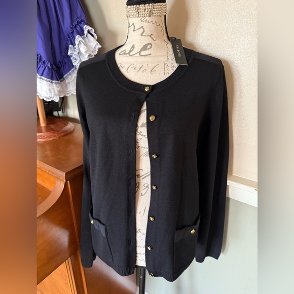Talbots Black & Gold Button Cardigan Sweater with Fine-Knit Texture NWT 129.00 - Picture 1 of 9
